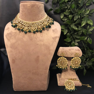 Pearly Antique Gold Necklace Set (Necklace Earrings Tikka) - Gold / Emerald Green - Necklace Set