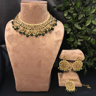 Pearly Antique Gold Necklace Set (Necklace Earrings Tikka) - Gold / Emerald Green - Necklace Set