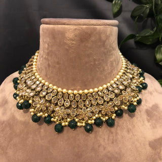 Pearly Antique Gold Necklace Set (Necklace Earrings Tikka) - Gold / Emerald Green - Necklace Set