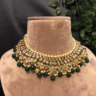 Pearly Antique Gold Necklace Set (Necklace Earrings Tikka) - Gold / Emerald Green - Necklace Set