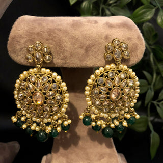 Pearly Antique Gold Necklace Set (Necklace Earrings Tikka) - Gold / Emerald Green - Necklace Set
