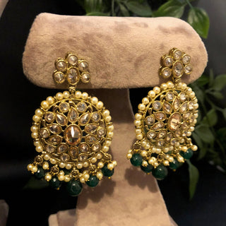 Pearly Antique Gold Necklace Set (Necklace Earrings Tikka) - Gold / Emerald Green - Necklace Set