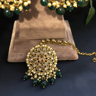 Pearly Antique Gold Necklace Set (Necklace Earrings Tikka) - Gold / Emerald Green - Necklace Set