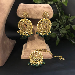 Pearly Antique Gold Necklace Set (Necklace Earrings Tikka) - Gold / Emerald Green - Necklace Set