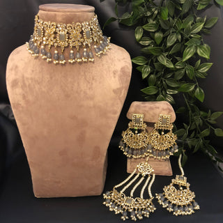 Pearly Antique Gold Necklace Set (Necklace Earrings Tikka) - Gold / Grey - Necklace Set