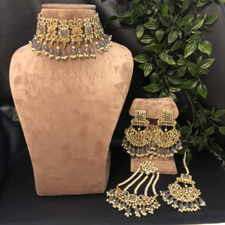 Pearly Antique Gold Necklace Set (Necklace Earrings Tikka) - Gold / Grey - Necklace Set