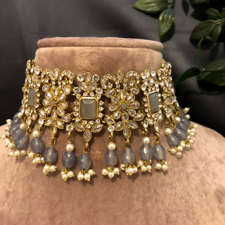 Pearly Antique Gold Necklace Set (Necklace Earrings Tikka) - Gold / Grey - Necklace Set