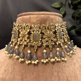 Pearly Antique Gold Necklace Set (Necklace Earrings Tikka) - Gold / Grey - Necklace Set