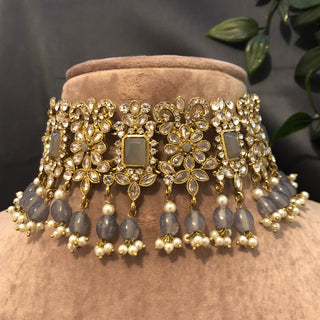 Pearly Antique Gold Necklace Set (Necklace Earrings Tikka) - Gold / Grey - Necklace Set
