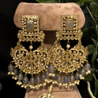 Pearly Antique Gold Necklace Set (Necklace Earrings Tikka) - Gold / Grey - Necklace Set