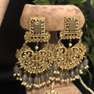 Pearly Antique Gold Necklace Set (Necklace Earrings Tikka) - Gold / Grey - Necklace Set
