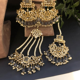 Pearly Antique Gold Necklace Set (Necklace Earrings Tikka) - Gold / Grey - Necklace Set