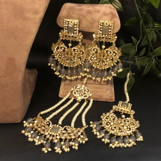 Pearly Antique Gold Necklace Set (Necklace Earrings Tikka) - Gold / Grey - Necklace Set