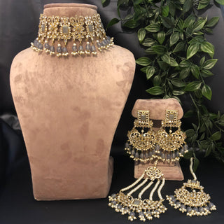 Pearly Antique Gold Necklace Set (Necklace Earrings Tikka) - Gold / Grey - Necklace Set