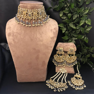Pearly Antique Gold Necklace Set (Necklace Earrings Tikka) - Gold / Grey - Necklace Set