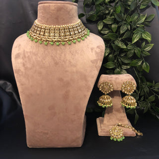 Pearly Antique Gold Necklace Set (Necklace Earrings Tikka) - Gold / Mint - Necklace Set
