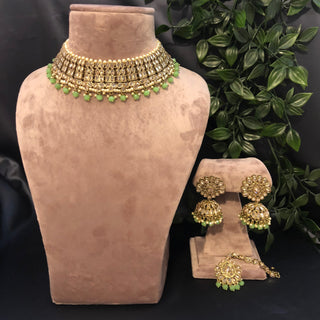 Pearly Antique Gold Necklace Set (Necklace Earrings Tikka) - Gold / Mint - Necklace Set