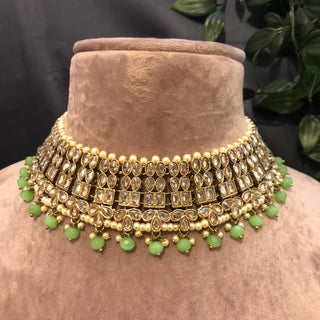 Pearly Antique Gold Necklace Set (Necklace Earrings Tikka) - Gold / Mint - Necklace Set