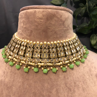Pearly Antique Gold Necklace Set (Necklace Earrings Tikka) - Gold / Mint - Necklace Set