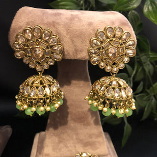Pearly Antique Gold Necklace Set (Necklace Earrings Tikka) - Gold / Mint - Necklace Set