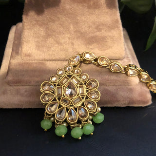 Pearly Antique Gold Necklace Set (Necklace Earrings Tikka) - Gold / Mint - Necklace Set