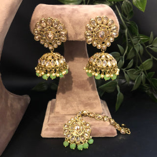 Pearly Antique Gold Necklace Set (Necklace Earrings Tikka) - Gold / Mint - Necklace Set