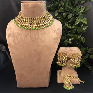 Pearly Antique Gold Necklace Set (Necklace Earrings Tikka) - Gold / Mint - Necklace Set