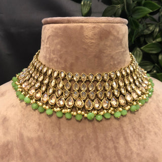 Pearly Antique Gold Necklace Set (Necklace Earrings Tikka) - Gold / Mint - Necklace Set