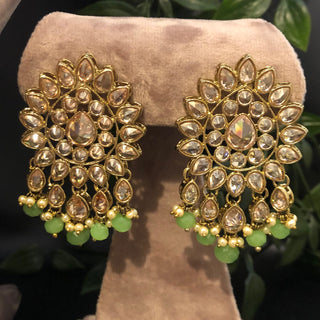 Pearly Antique Gold Necklace Set (Necklace Earrings Tikka) - Gold / Mint - Necklace Set