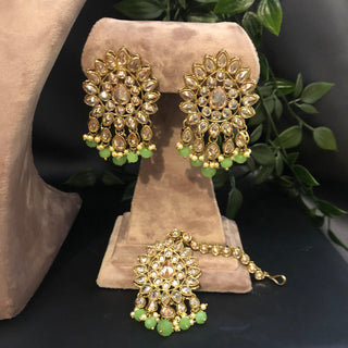 Pearly Antique Gold Necklace Set (Necklace Earrings Tikka) - Gold / Mint - Necklace Set