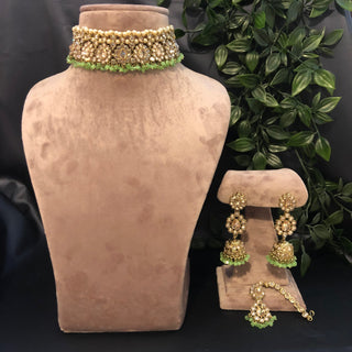 Pearly Antique Gold Necklace Set (Necklace Earrings Tikka) - Gold / Mint - Necklace Set