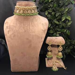 Pearly Antique Gold Necklace Set (Necklace Earrings Tikka) - Gold / Mint - Necklace Set