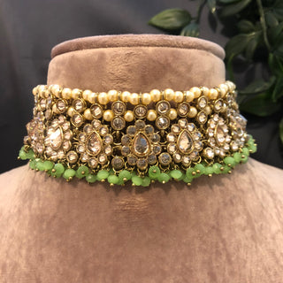 Pearly Antique Gold Necklace Set (Necklace Earrings Tikka) - Gold / Mint - Necklace Set