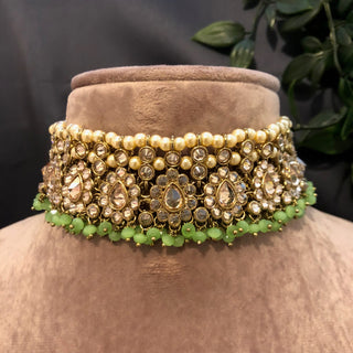 Pearly Antique Gold Necklace Set (Necklace Earrings Tikka) - Gold / Mint - Necklace Set