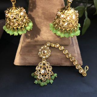 Pearly Antique Gold Necklace Set (Necklace Earrings Tikka) - Gold / Mint - Necklace Set