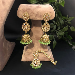 Pearly Antique Gold Necklace Set (Necklace Earrings Tikka) - Gold / Mint - Necklace Set