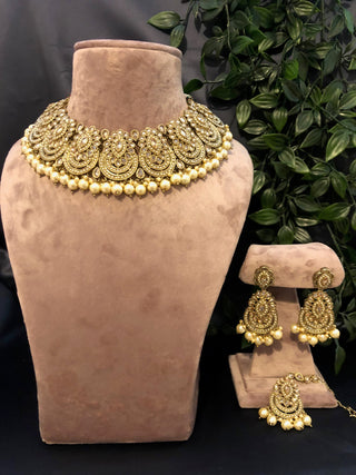 Pearly Antique Gold Necklace Set (Necklace Earrings Tikka) - Gold - Necklace Set