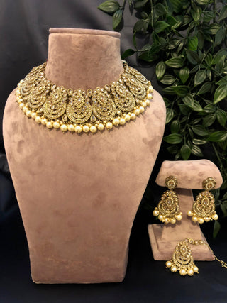 Pearly Antique Gold Necklace Set (Necklace Earrings Tikka) - Gold - Necklace Set