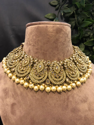 Pearly Antique Gold Necklace Set (Necklace Earrings Tikka) - Gold - Necklace Set