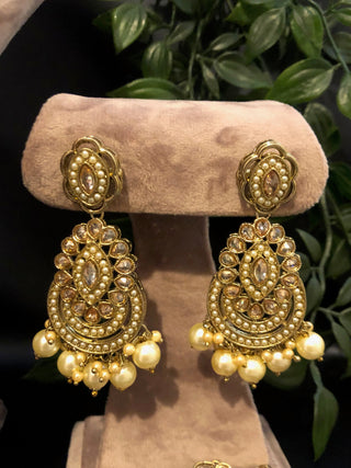 Pearly Antique Gold Necklace Set (Necklace Earrings Tikka) - Gold - Necklace Set