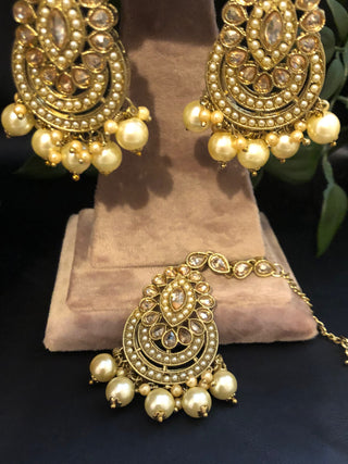 Pearly Antique Gold Necklace Set (Necklace Earrings Tikka) - Gold - Necklace Set