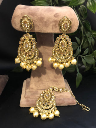 Pearly Antique Gold Necklace Set (Necklace Earrings Tikka) - Gold - Necklace Set