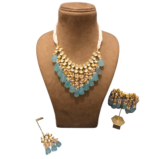 MISHA Kundan Necklace Set (Sky Blue Baby Pink Combo) - Necklace Set