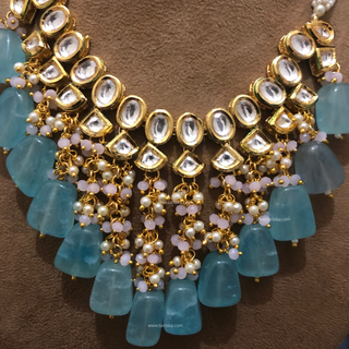 MISHA Kundan Necklace Set (Sky Blue Baby Pink Combo) - Necklace Set