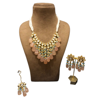 MISHA Kundan Necklace Set (Peach Sky Blue Combo) - Necklace Set