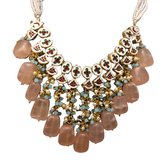 MISHA Kundan Necklace Set (Peach Sky Blue Combo) - Necklace Set