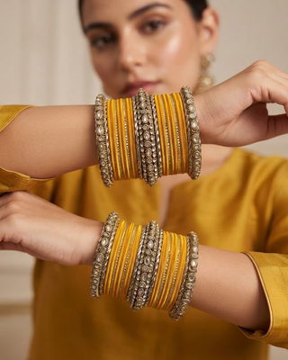 The Maharani Yellow Bangle Set with Stone Detailing for Both Hands (Size 2.10)