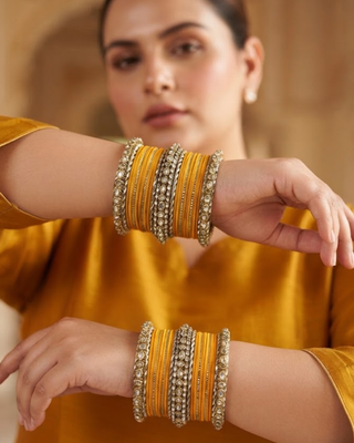 The Maharani Yellow Bangle Set with Stone Detailing for Both Hands (Size 2.10)