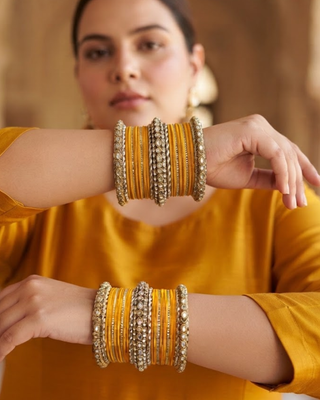 The Maharani Yellow Bangle Set with Stone Detailing for Both Hands (Size 2.10)