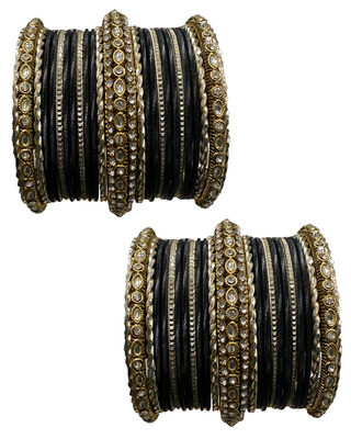 The Maharani Black Bangle Set with Stone Detailing for Both Hands (Size 2.10)